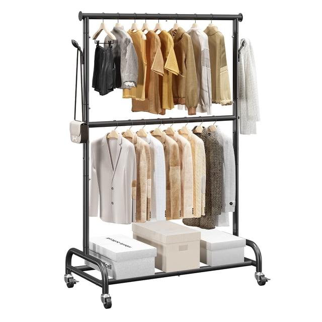 VEVOR Clothes Rack, Rolling Clothing Garment Rack with Adjustable Crossbar and Side Hooks, 150 lbs Load Capacity, Heavy Duty Carbon Steel Clothing Racks