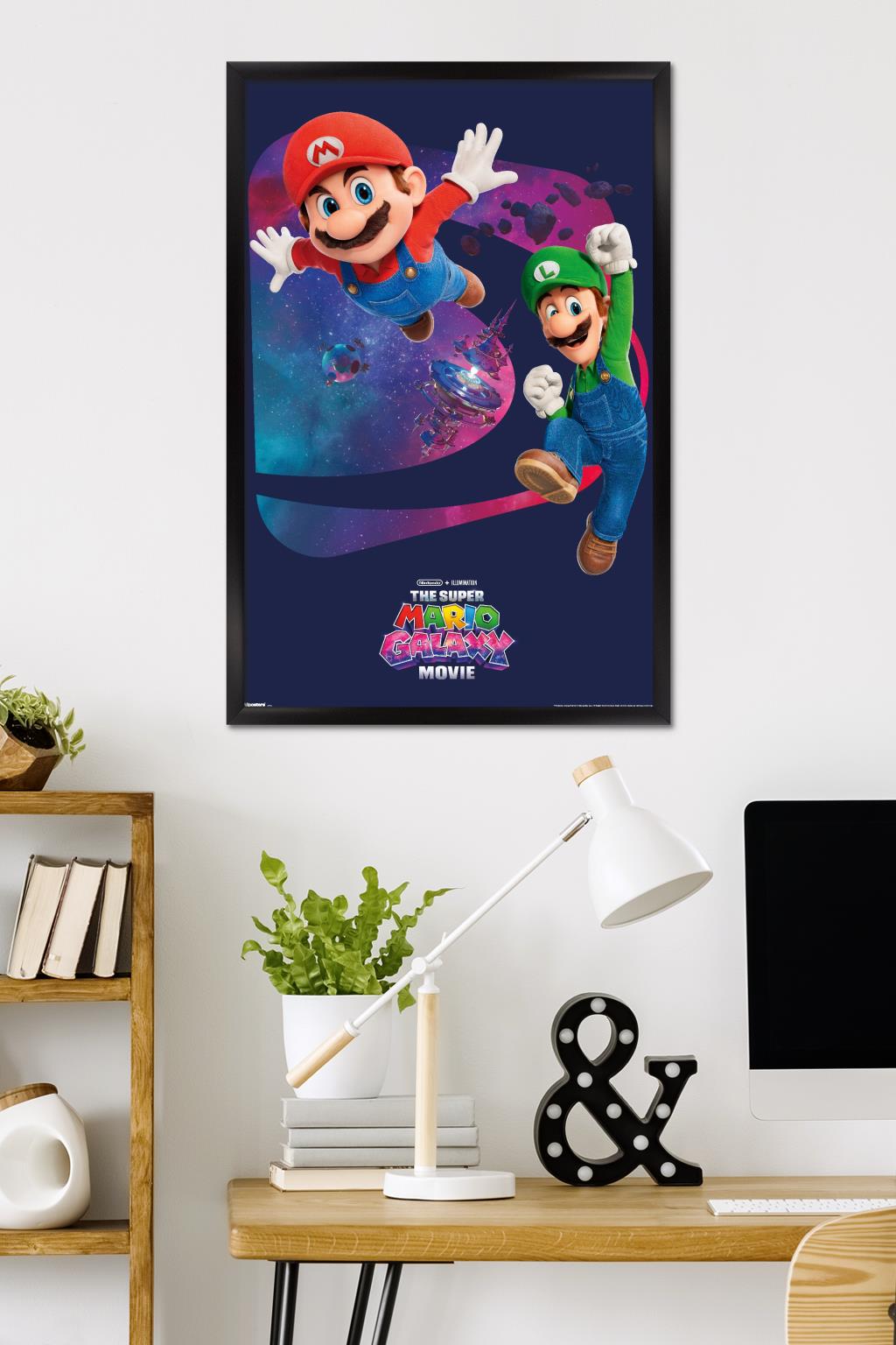 Nintendo The Super Mario Galaxy Movie (2026) - Mario & Luigi Action Wall Poster, 14.725" x 22.375" Framed