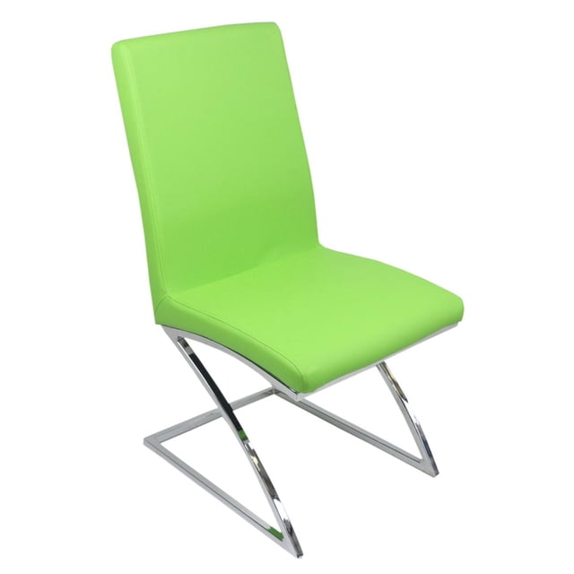 Canadian Chaise de Salle à Manger Monalisa Verte (Ensemble de 2) Montrée dans une Vue de Profil 3/4 avec un Siège et un Dossier en PU Vert Doux de Haute Qualité, Soutenue par un Cadre Déporté Chromé Robuste, Idéale pour les Sièges de Cuisine et de Salle à Manger et Convenant comme Chaises de Bureau Élégantes.