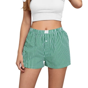 biudgviw Women's Boxer Shorts Cotton Linen Elastic High Waisted Plaid Lounge Shorts Summer Casual Beach Shorts