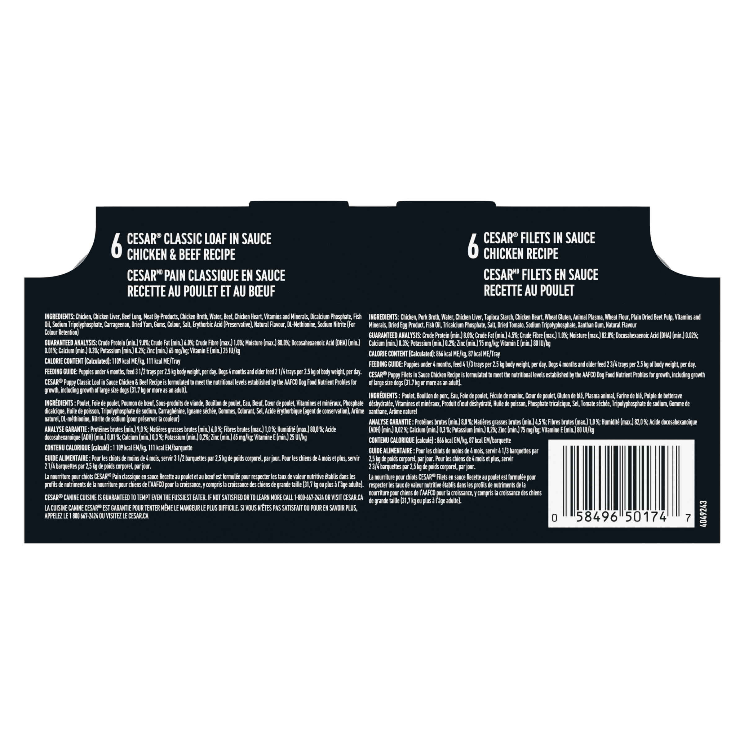 Nourriture humide et moelleuse pour chiots CESAR Pain classique en sauce Recette au poulet et au bœuf et Filets en sauce Recette au poulet, (12) barquettes de 100 g faciles à ouvrir