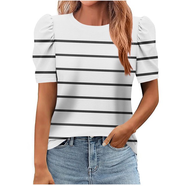 Pisexur Hauts pour Femmes, Hauts de Sortie pour Femmes & T-Shirt à Manches Courtes Col Rond Imprimé, Haut Ample, Hauts de Printemps pour Femmes Blanc, 2TG