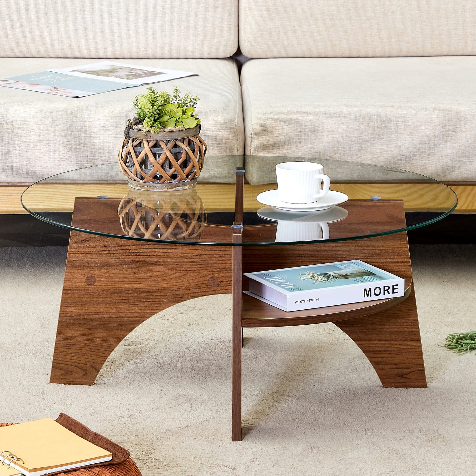 Noble House 31.5" Round Tempered Glass Coffee Table,Fan-Shaped Bracket,Walnut