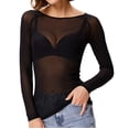 thumbnail image 1 of Besolor T-Shirt à Col Rond pour Femme en Maille Transparente, Coupe Ajustée, Manches Longues, Transparent, Tenue de Boîte de Nuit, Blouse Chemise de Fête, 1 of 6