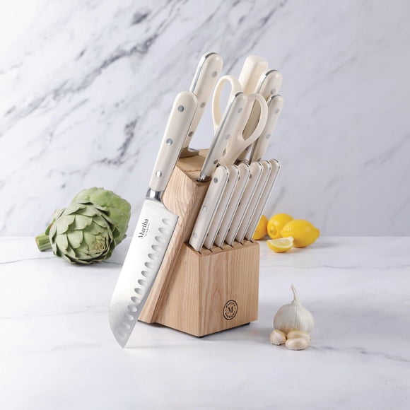 Martha Stewart 14-Piece Stainless Steel Knife Set with Ash Wood Block, Linen