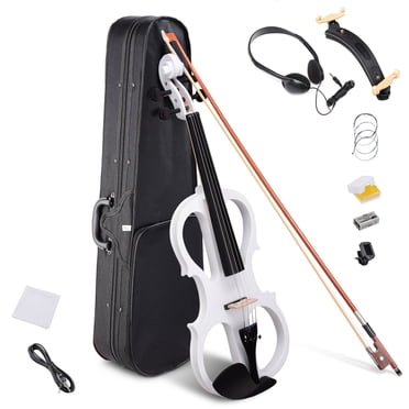 4/4 Electric Violin Full Size Wood Silent Fiddle Stringed Instrument Bow Headphone Case White
