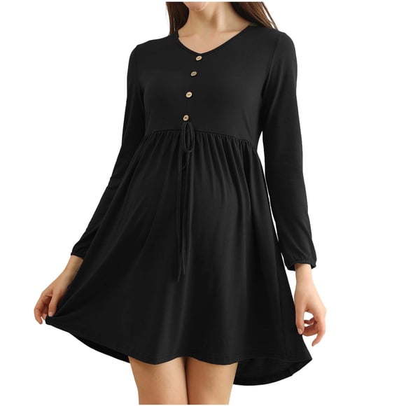 RXMEKW Maternity Dress for Women Solid Color Round Neck Long Sleeve with Cinched Waist Loose Fit Comfortable Pregnancy Skirt for Outdoor Wear