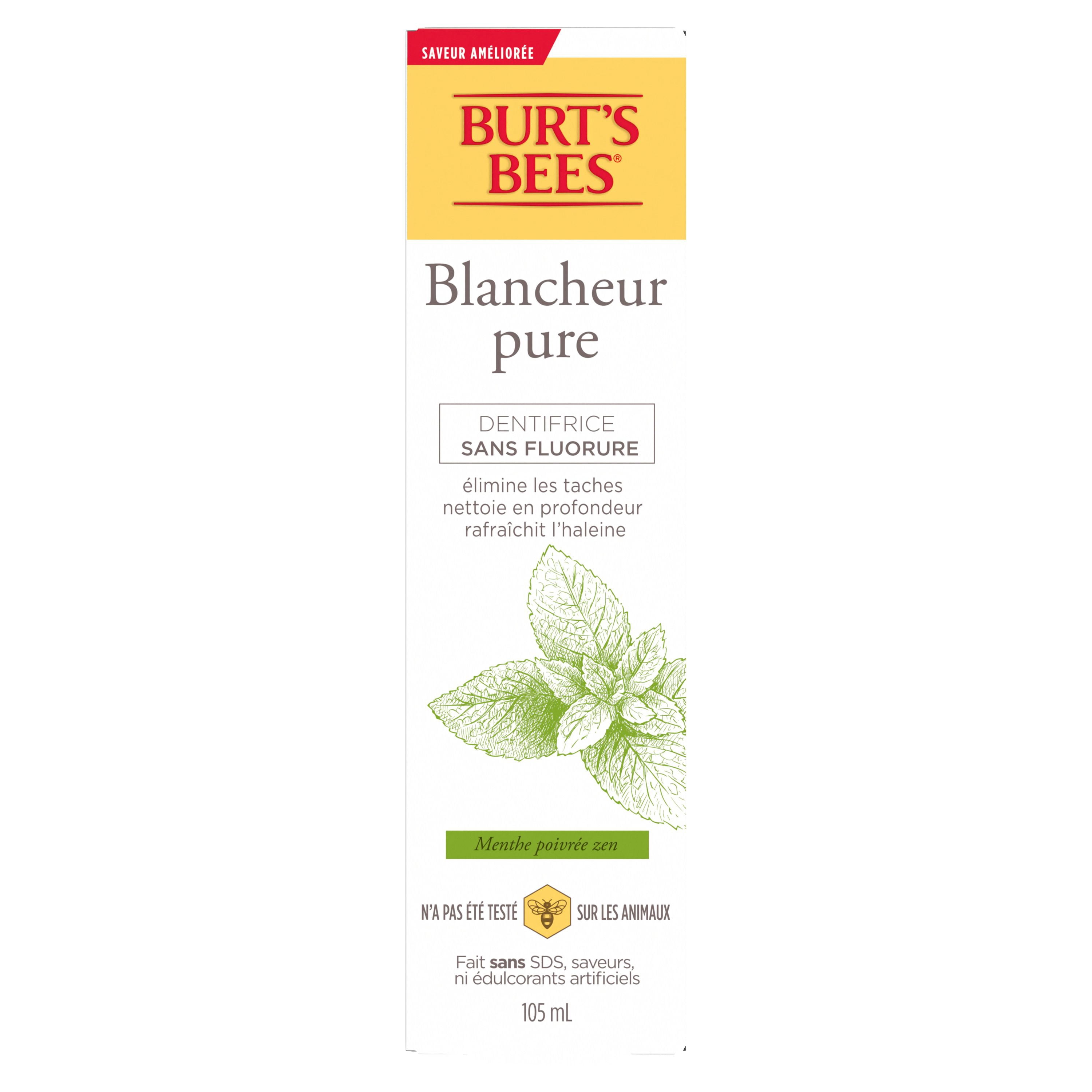 Burt's Bees Dentifrice, Sans Fluorure, Purely White, Menthe Poivrée Zen 105ml