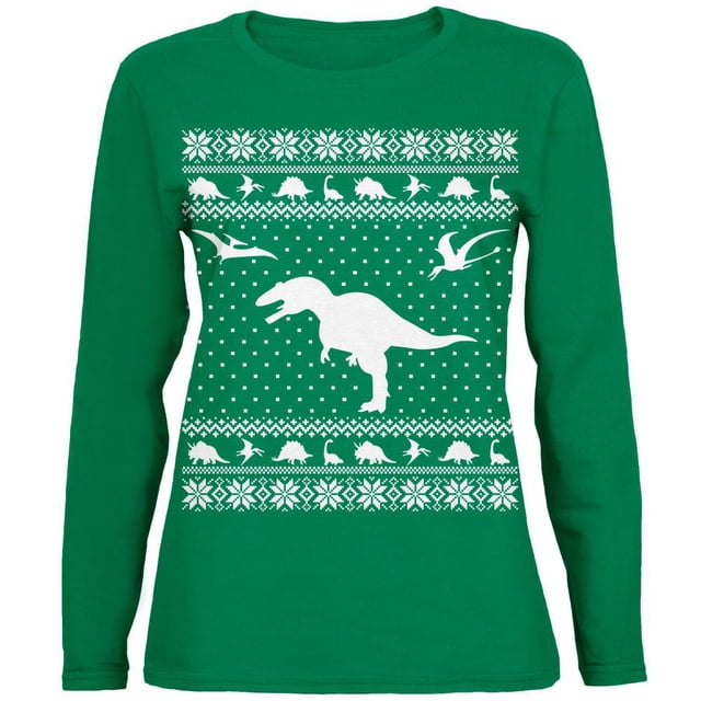 Dinosaurs Chandail de Noël Laid Vert T-Shirt à Manches Longues pour Femmes