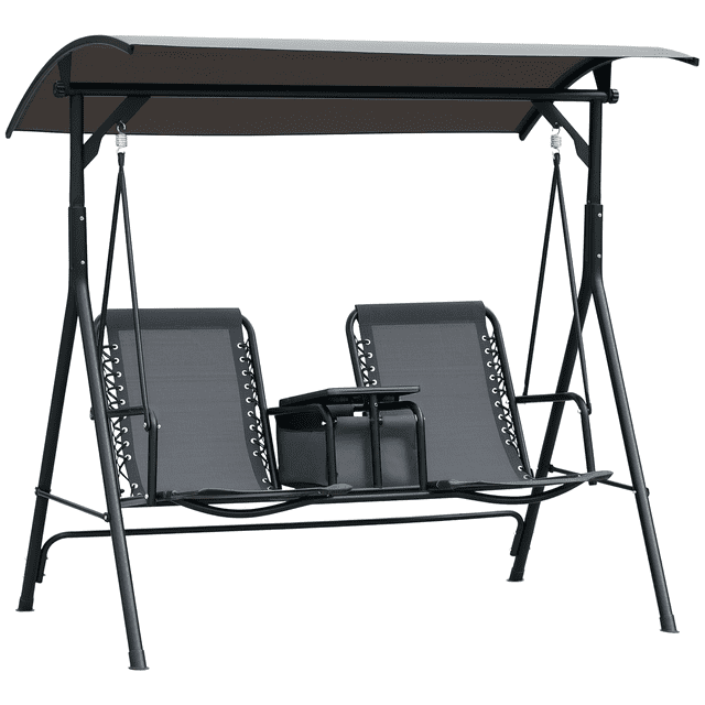 Outsunny Auvent de Patio Porch Swing Swing pour 2 Personnes avec Table Pivotante de Rangement, Porte-Gobelet et Auvent Supérieur Ajustable, Gris. Cet Auvent Swing Comprend Deux Sièges Indépendants en Maille Respirante avec design Courbé pour le Confort, une Table de Rangement Centrale avec Porte-Gobelets et un Auvent Gris Ajustable pour une Ombrage optimal. Construit avec un Cadre en Acier Enduit de Poudre Résistant aux Intempéries, Il Complète le Mobilier de Patio et les Espaces de Vie Extérieurs.