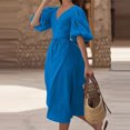 thumbnail image 2 of Robes d'Été pour Femmes 2023 Col en V Portefeuille Manches Bouffantes Boho Robe Midi Taille à Nouer Fendue Décontractée Unie Plage Soleil Robes, 2 of 6
