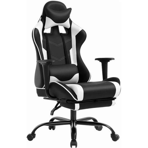 BestOffice Ergonomic Office Gaming Chair, Executive Computer Task Chair with Footrest & Lumbar Support, Rolling Swivel Design, PU Leather, White