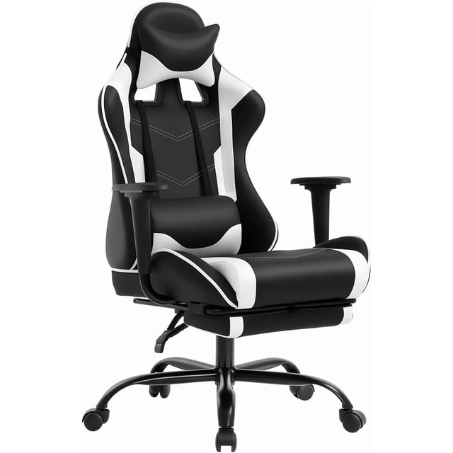 BestOffice Ergonomic Office Gaming Chair, Executive Computer Task Chair with Footrest & Lumbar Support, Rolling Swivel Design, PU Leather, White