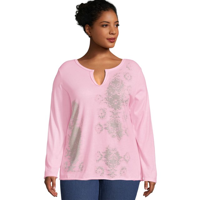 Just My Size Womens Split Neck Long Sleeve Graphic Tee, 4X