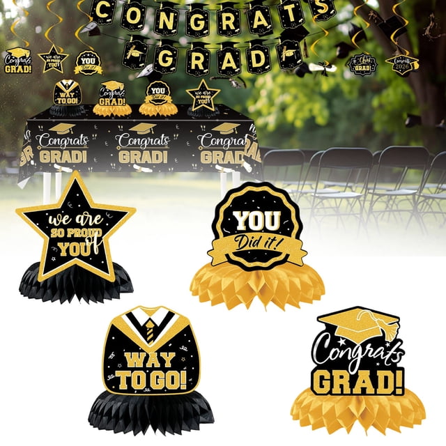 Graduation Decorations 2026 Set Black Gold, Congrats Grad Decor Set with Banner Backdrop Porch Sign,Hanging Swirls Honeycomb Centerpieces Balloons for Grad Party Decorations
