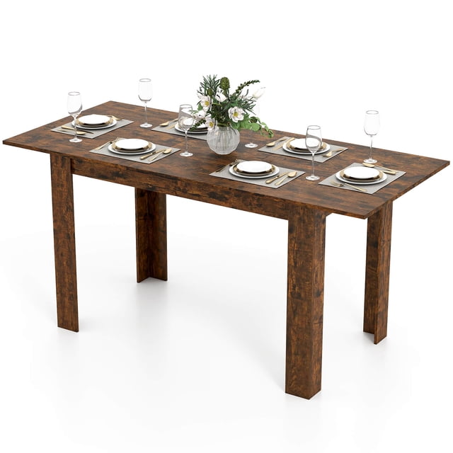 Costway Table à Manger Extensible de 47 Pouces-62 Pouces pour 4 à 8 Personnes, Fini Brun Rustique, Présentée à l'État Élargi avec un Ensemble de Dispositions pour six, Incluant des Assiettes, des Verres et un Centre de Table floral. la Table Présente un Plateau en Planche d'Ingénierie Épais et des Pieds en L Robustes, Conçus pour la Stabilité et la Durabilité. Idéale pour les Salles à Manger, les Bureaux à Domicile Ou comme Espace de Travail Polyvalent.