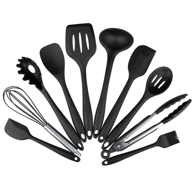 10PCS Cooking Utensils Kitchen Utensil Set Silicone Kitchenware Set Stainless Steel Handle Cookware Set Chef Nonstick. This black kitchen utensil set includes 10 pieces: a spatula, slotted spatula, ladle, slotted spoon, solid spoon, pasta server, whisk, tongs, basting brush, and scraper. Made with BPA-free, lead-free silicone and stainless steel handles, these utensils are heat-resistant up to 446°F and safe for non-stick cookware. Each utensil features a large hanging hole for easy storage and organization. Ideal for home or restaurant use, and suitable as a housewarming or wedding gift.