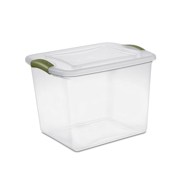 Sterilite 26 Liter Latch Box, Small Clear Plastic Storage Bin with Lid, Green Latch