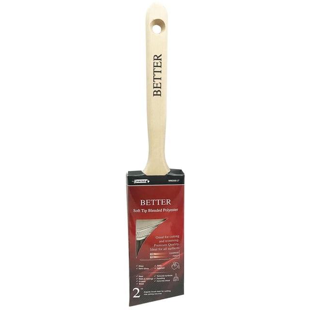 Pintar 2" Angular Better Brush with natural wood handle marked 'BETTER' and 2-inch soft tip blended polyester bristles, designed for precise cutting and trimming with smooth, even paint coverage on all surfaces, displayed with packaging.