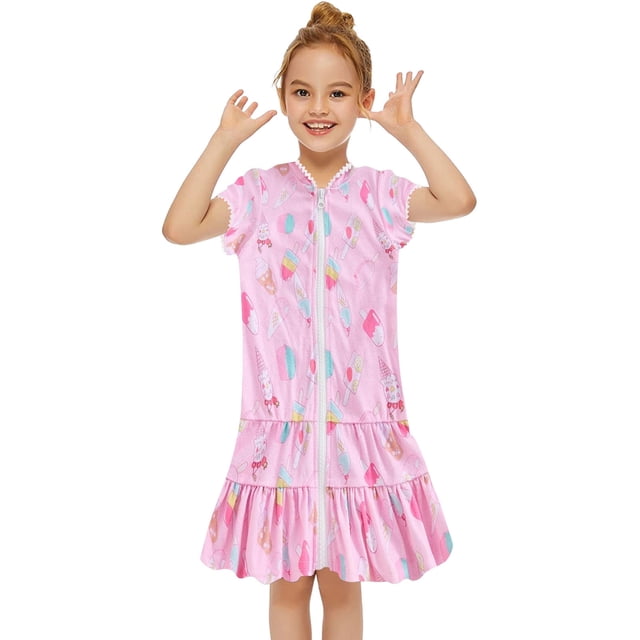Hiiyo Robe de Plage à Capuche Zippée pour Petites Filles, Cache-Maillot Arc-en-Ciel à Manches Courtes