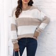 thumbnail image 2 of V Neck Sweaters for Women Sweaters for Women Fall Color Block Stripe Long Sleeve Ribbed Knit Sweater Loose Crew Neck Soft Pullover Winter Clothes S-34 Khaki L, 2 of 8