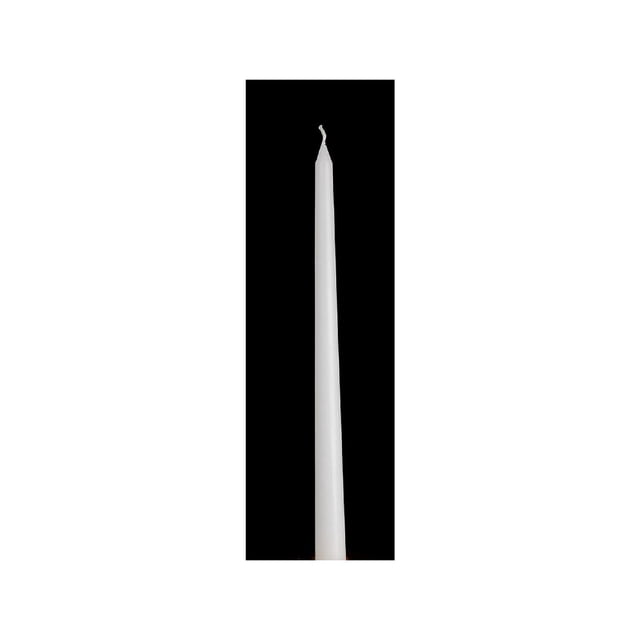 Chandelles Effilées de 12 Pouces Non Parfumées (Blanc) (12/présentoir) - Ensemble de 12 Montrant une Bougie Effilée en Cire Blanche Unique avec une Longue Forme Cylindrique et une Mèche Courbée sur un Fond Noir, Idéal pour la Déco de la Maison, les Dîners Formels et Souvent Utilisé comme Centres de table Élégants.