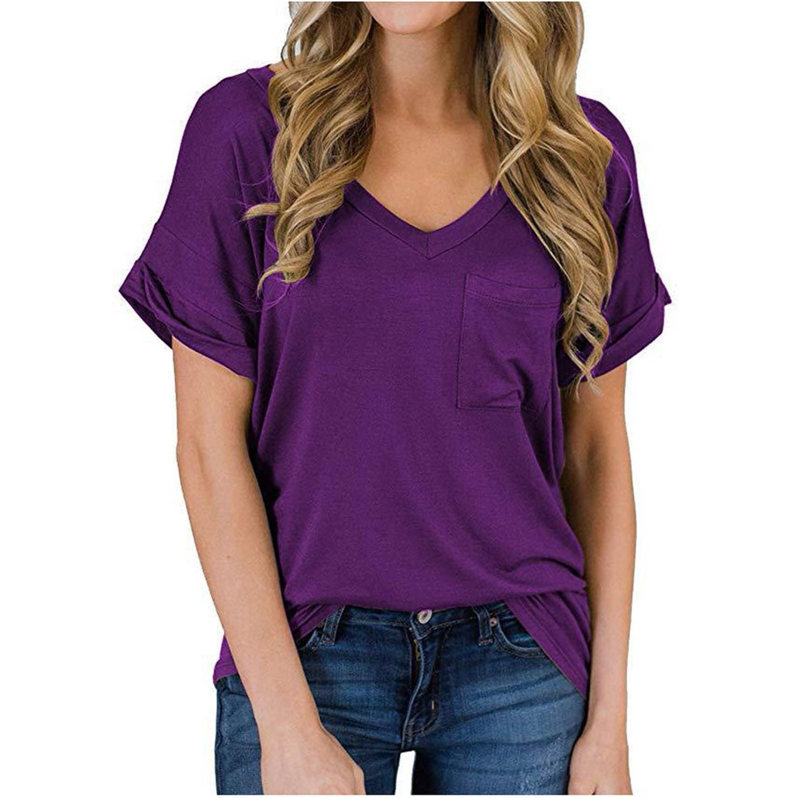 Womens Solid Short Sleeve V-Neck Casual Pockets Tee Tops T Shirt