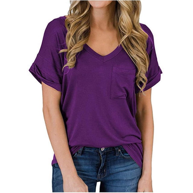 Womens Solid Short Sleeve V-Neck Casual Pockets Tee Tops T Shirt
