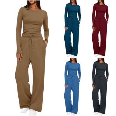 Yuyuzo Ensembles 2 Pcs pour Femmes Manches Longues Pantalons Larges Survêtements Décontractés Tenues d'Automne Assorties Couleur Unie