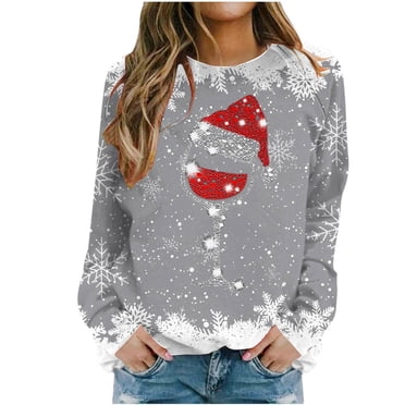 Pisexur Hauts de Noël pour Femmes Décontractés pour les Fêtes T-Shirts Imprimés Verre de Vin Rouge Col Rond Manches Longues Chemises Mode Hauts d'Automne