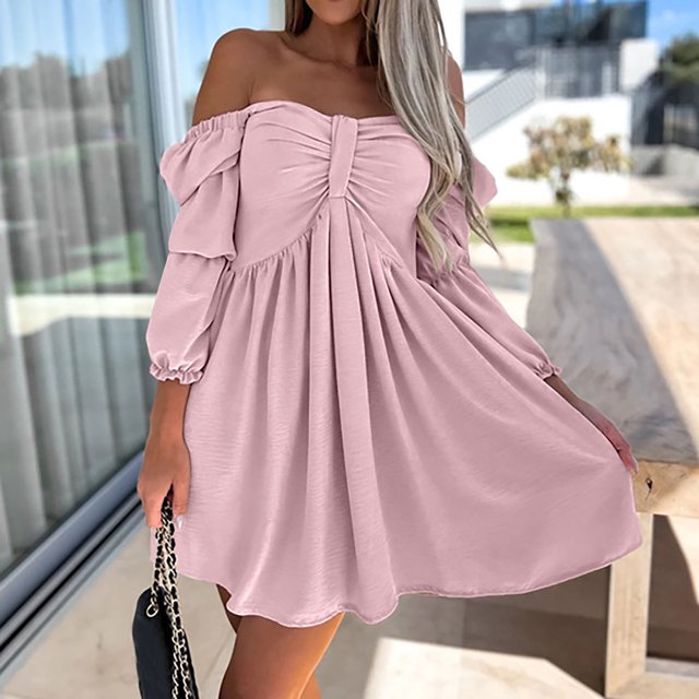 Gspmoly Robes d'Été pour Femmes 2025, Mode Femmes Décontractée Unie Manches 3/4 Épaules à Volants Robe Mini Robes d'Été pour Femmes Économies d'Été