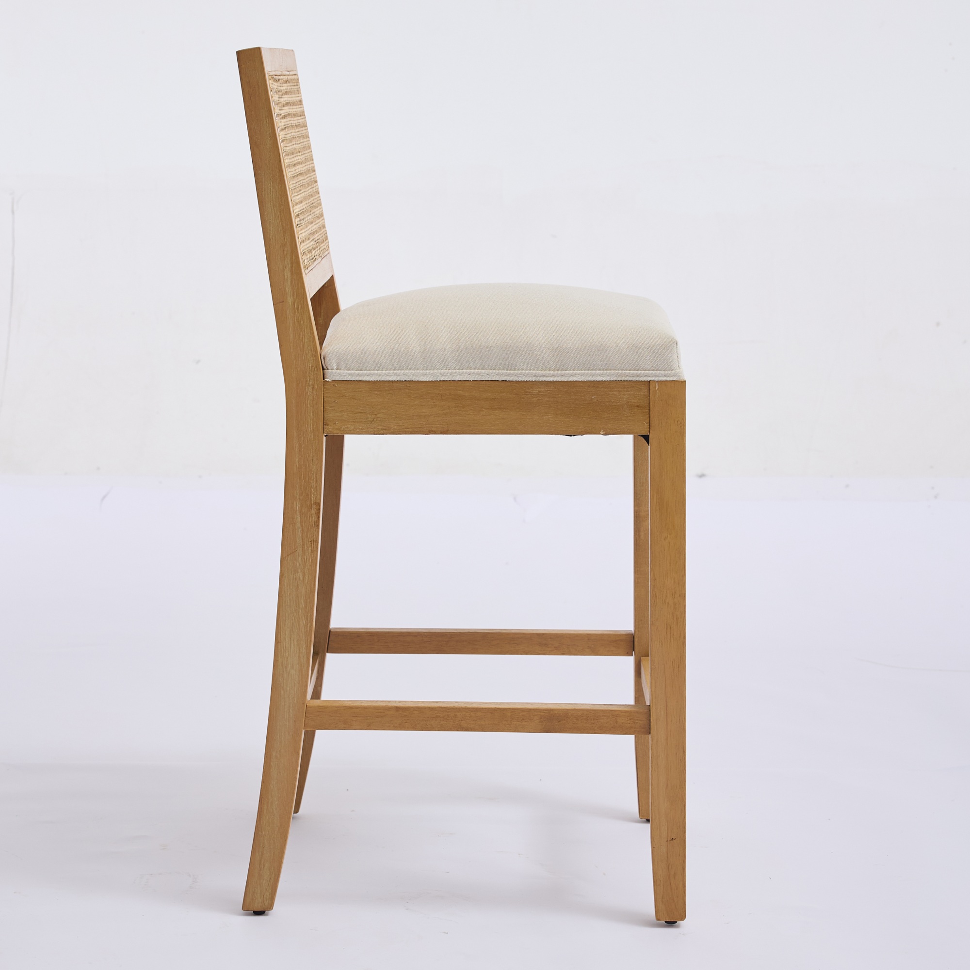 Noble House Full Solid Wood Rattan-Back Bar Stool Set of 2,Matte Linen Cushion with High-Resilience Foam & S-Springs,Beige