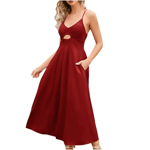 Robes d'Été à Bretelles Spaghetti pour Femmes Décontractées Sans Manches à Col en V avec Découpes, Fente Haute, Robe Maxi de Plage avec Poches