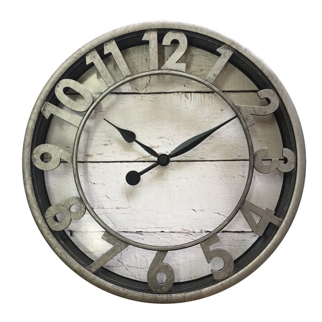 Hometrends Horloge en Planches de Bois Blanc de 11,5 Po avec Cadre en Métal à Finition Galvanisée et Lentille en Verre, Chiffres Arabes Galvanisés Surélevés sur un Cadran en Planches de Bois Blanc Photoréaliste, Aiguilles des Heures et des Minutes en satin Noir en Goutte, Mouvement à quartz, Diamètre de 11,5 Pouces, Idéale pour un décor Rustique Ou de Style Ferme.