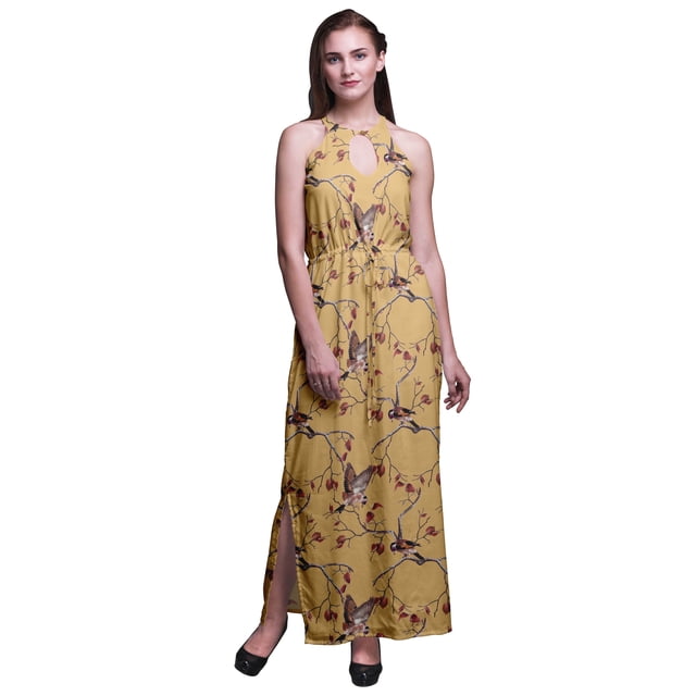 Bimba Bird Ladies Crew Neck Waist String Print Maxi Dress with Side Slits Summer Wear-X-Small