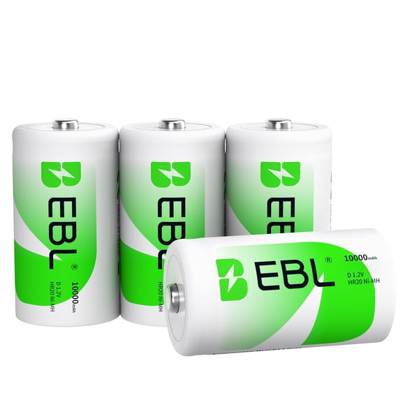 EBL D Rechargeable Batteries, 1.2V NiMH D Battery, 1500 Cycle Life, 10000mAh High Capacity, Included Battery Case (Pack of 4)