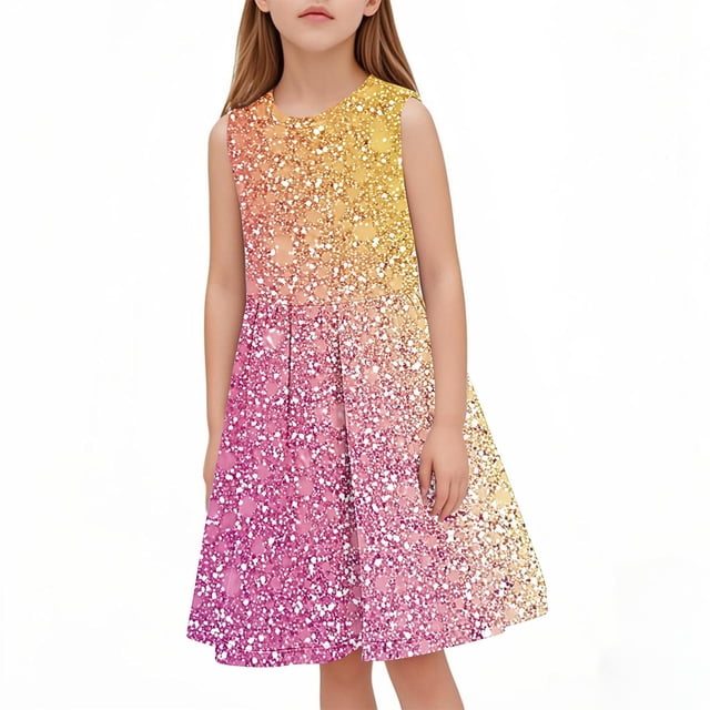 Liquidation d'Économies d'Été! WRKEKC Robe d'Été pour Fille, Robe Décontractée pour Fille, Robe d'Été Sans Manches à Encolure Ronde avec Imprimé à Paillettes pour Fille, Robe pour Enfant de Taille Moyenne avec Taille Cintrée 4 Ans