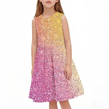Liquidation d'Économies d'Été! WRKEKC Robe d'Été pour Fille, Robe Décontractée pour Fille, Robe d'Été Sans Manches à Encolure Ronde avec Imprimé à Paillettes pour Fille, Robe pour Enfant de Taille Moyenne avec Taille Cintrée 3 Ans