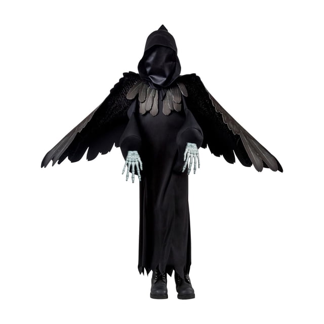 Death Angel Boy's Costume with a full-length black polyester robe featuring attached large black wings and feather details at the neckline, a separate hood, and skeletal gloves, designed as a Halloween angel costume with a dark twist, shown front-facing on a white background.
