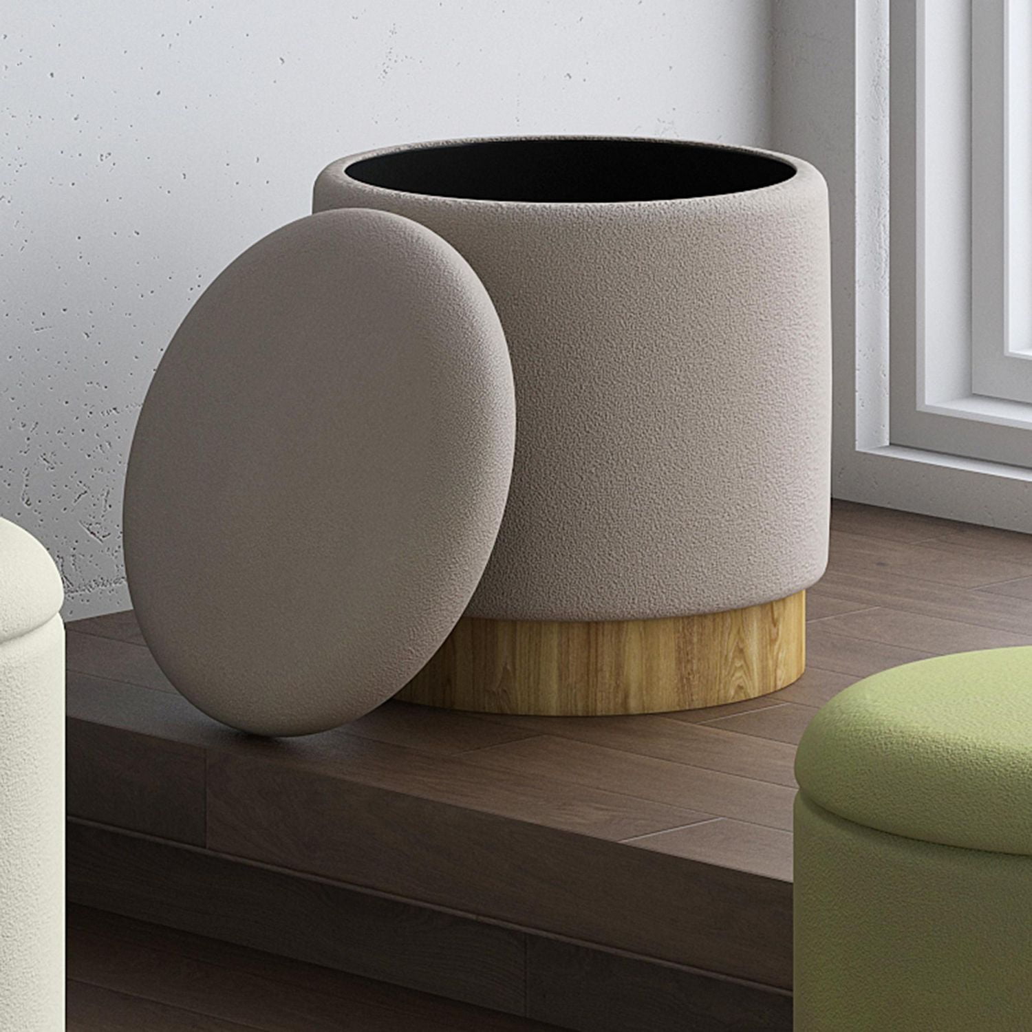 Moderne Tissu Ottomane de Rangement Ronde - Gris Chaud et Naturel