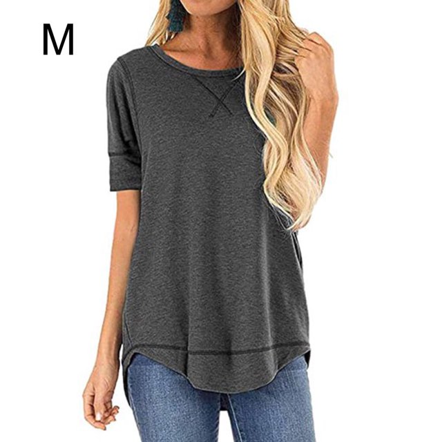 Women T-shirt Solid Color Stitching Top Solid Color Asymmetrical Hem Blouse, Gray, M