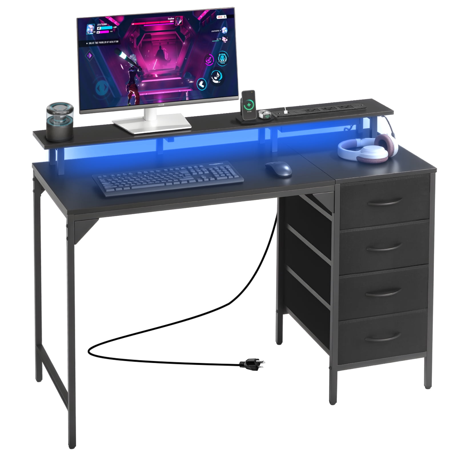 VEVOR 47" Computer Desk with LED Lights & Power Outlets, Gaming Table with 4 Large Drawers, Office Desk with Monitor Stand, Study Work Home Office, Small Spaces, Black