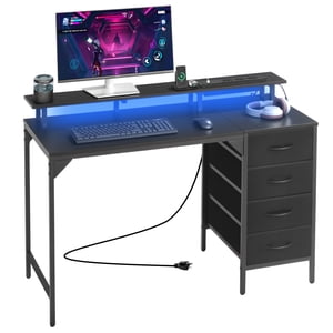 VEVOR 47" Computer Desk with LED Lights & Power Outlets, Gaming Table with 4 Large Drawers, Office Desk with Monitor Stand, Study Work Home Office, Small Spaces, Black