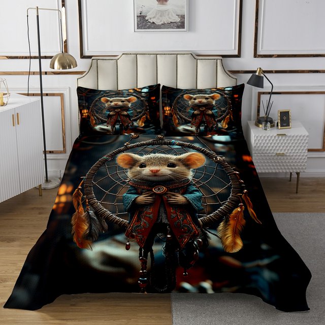 Mouse Quilt Set Dream Catchers Bedspread Set Twin,Boho Feather Coverlet Set Safari Animals Quilted,Exotic Bohemian Decor