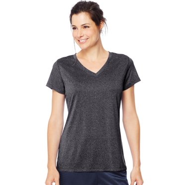 Hanes Womens Sport Heathered Performance V-Neck Tee, S, Ebony Heather