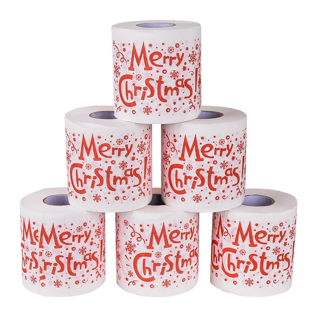 Bathroom Tissue Toilet Paper Hollow Replacement Roll Paper with a festive Christmas design featuring 'Merry Christmas' text in red and snowflake patterns. The image shows six rolls stacked in a pyramid arrangement. Each roll is 3-ply, unscented, and made of white paper with printed patterns. Suitable for home, cafes, shops, and restaurants, adding a holiday atmosphere to any setting. Each roll contains approximately 170 leaves, with a leaf size of 10x10 cm (3.94x3.94 inches).