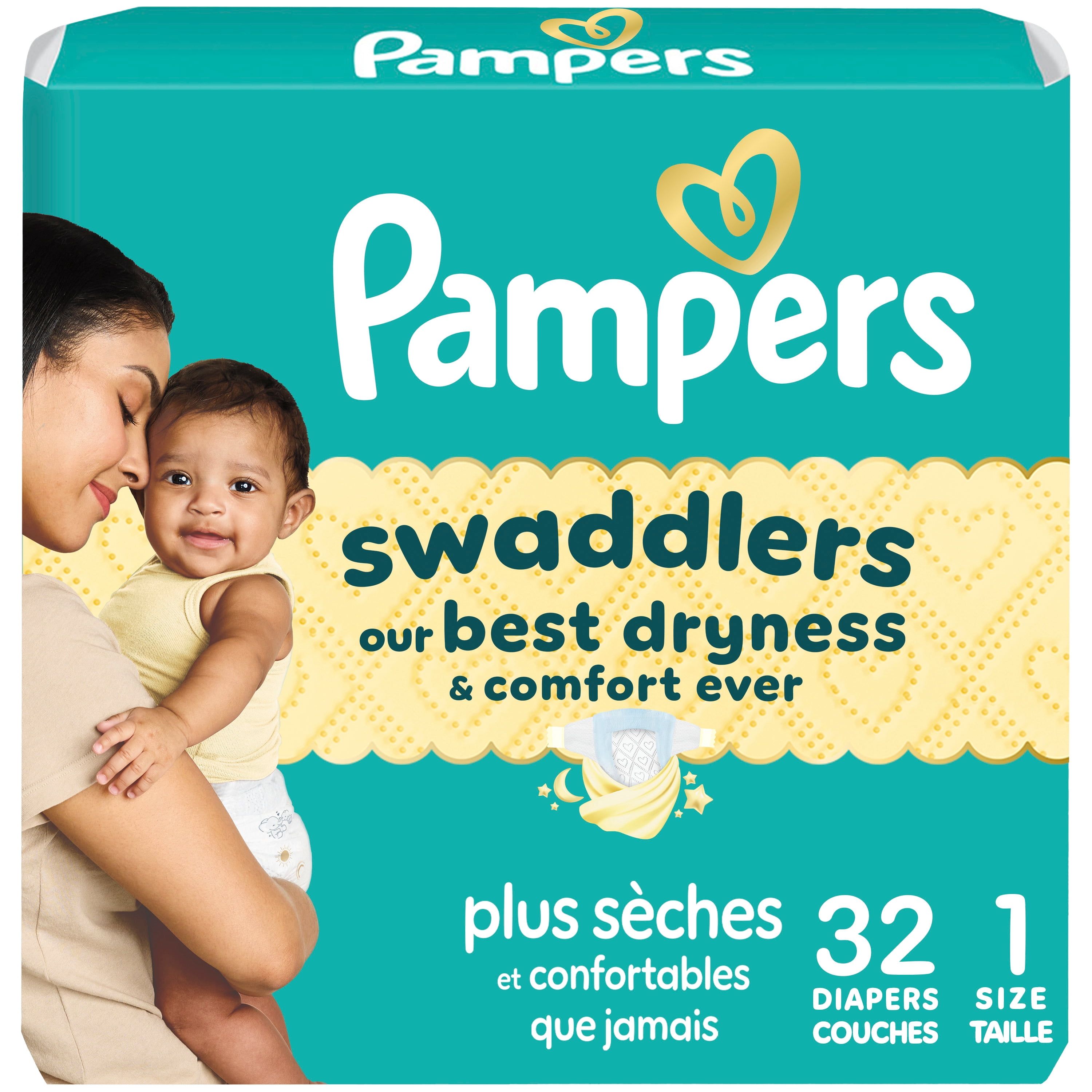 Pampers Swaddlers Couches, Taille 1 (8-14 lbs), Absorbantes, Garde Bébé au Sec et à l'Aise, Couche Jetable pour Bébé Sécuritaire pour la Peau