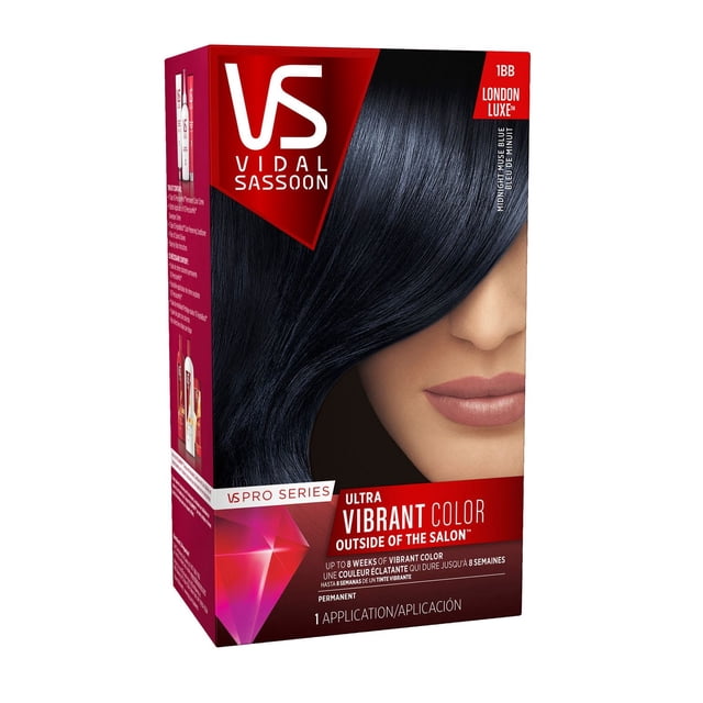 Vidal Sassoon PRO Series Permanent Hair Color box in shade 1BB deep black, providing up to 8 weeks of vibrant, salon-quality color with an easy at-home application kit including a color preserving conditioner for lasting vibrancy.