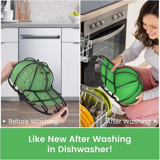 Hat Washer Baseball Hats Cleaner Cap Washer Hat Washing Cage Holder Frame designed for cleaning and protecting hats. The image shows a green baseball cap secured in a black plastic cage before and after being cleaned in a dishwasher. The cage maintains the hat's shape and is suitable for flat or curved caps.