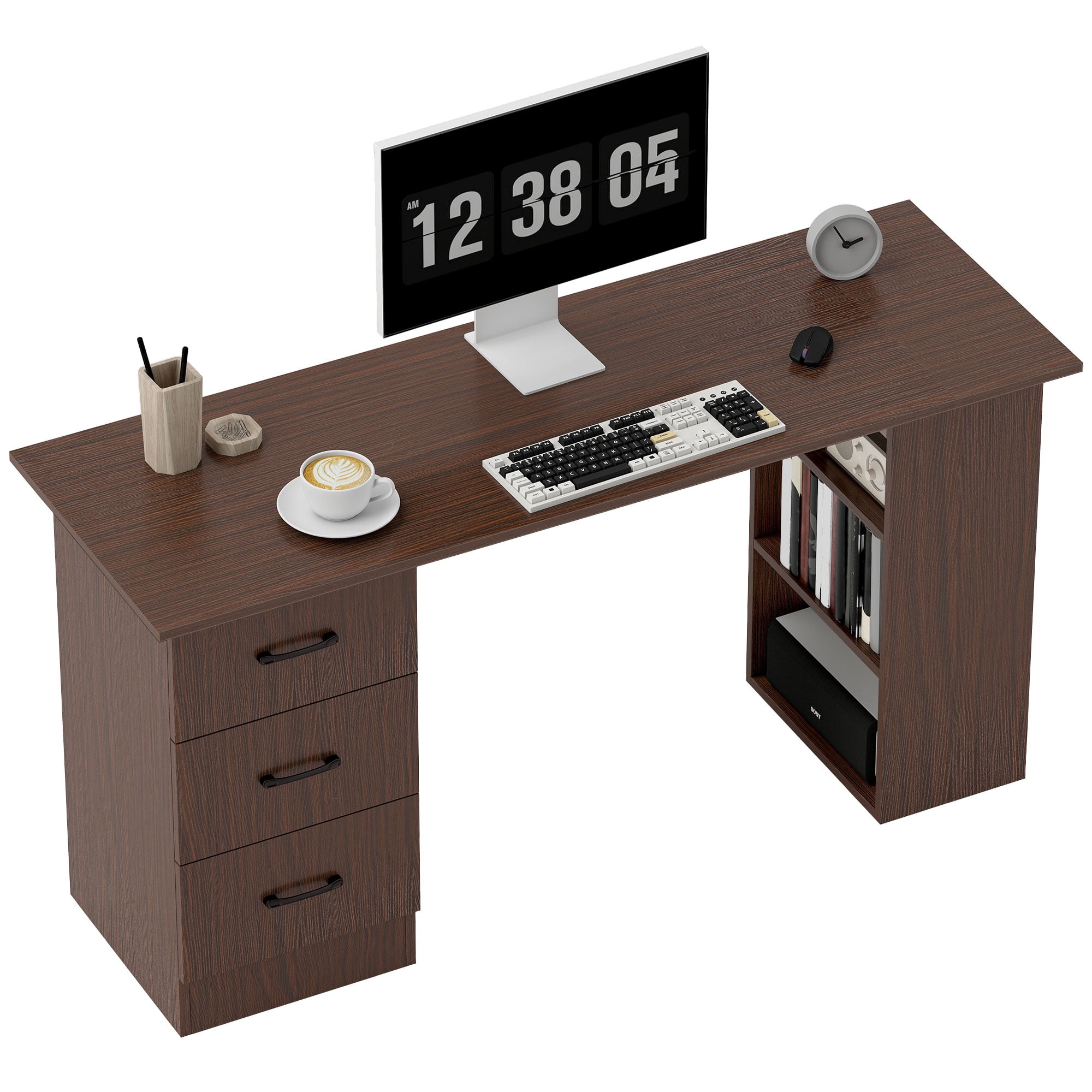 HOMCOM Computer Desk with 3-Tier Storage Shelves, Home Office Desk, Walnut